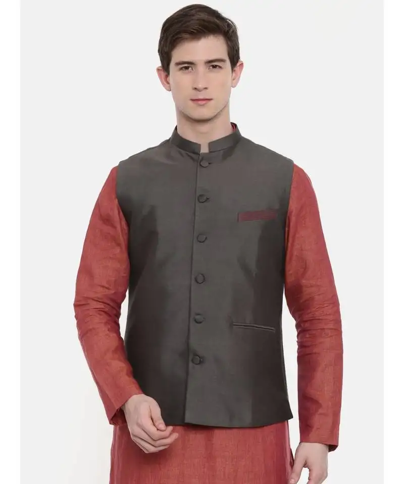 Mayank modi charcoal grey classic nehru jacket