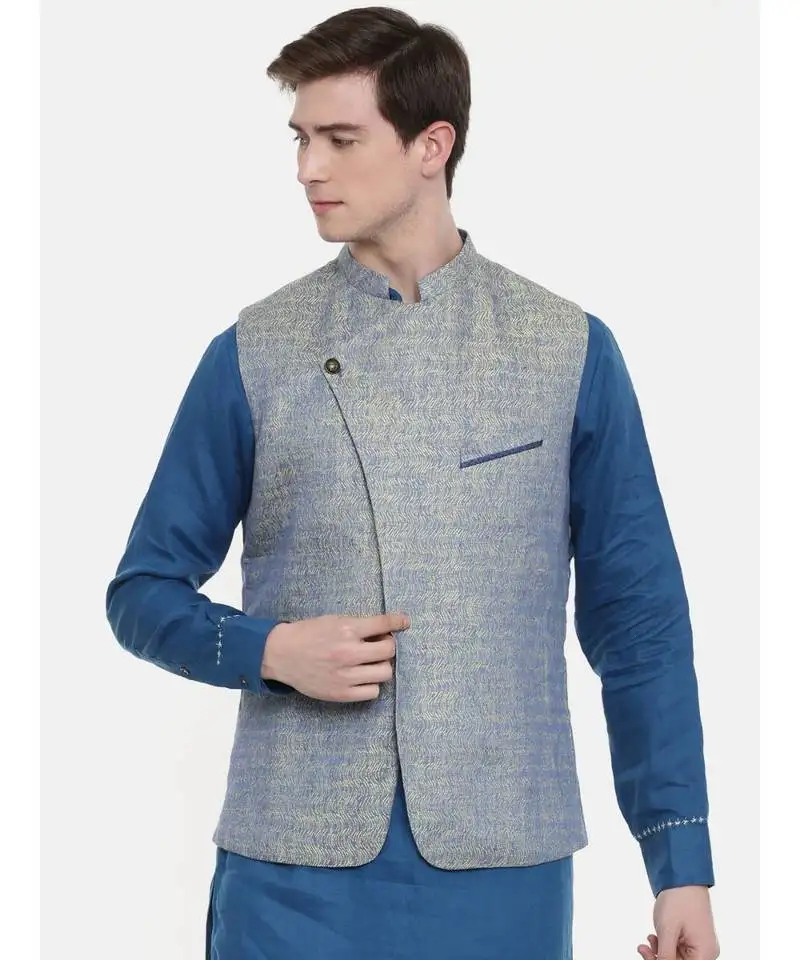 Mayank modi blue linen jaquard jacket