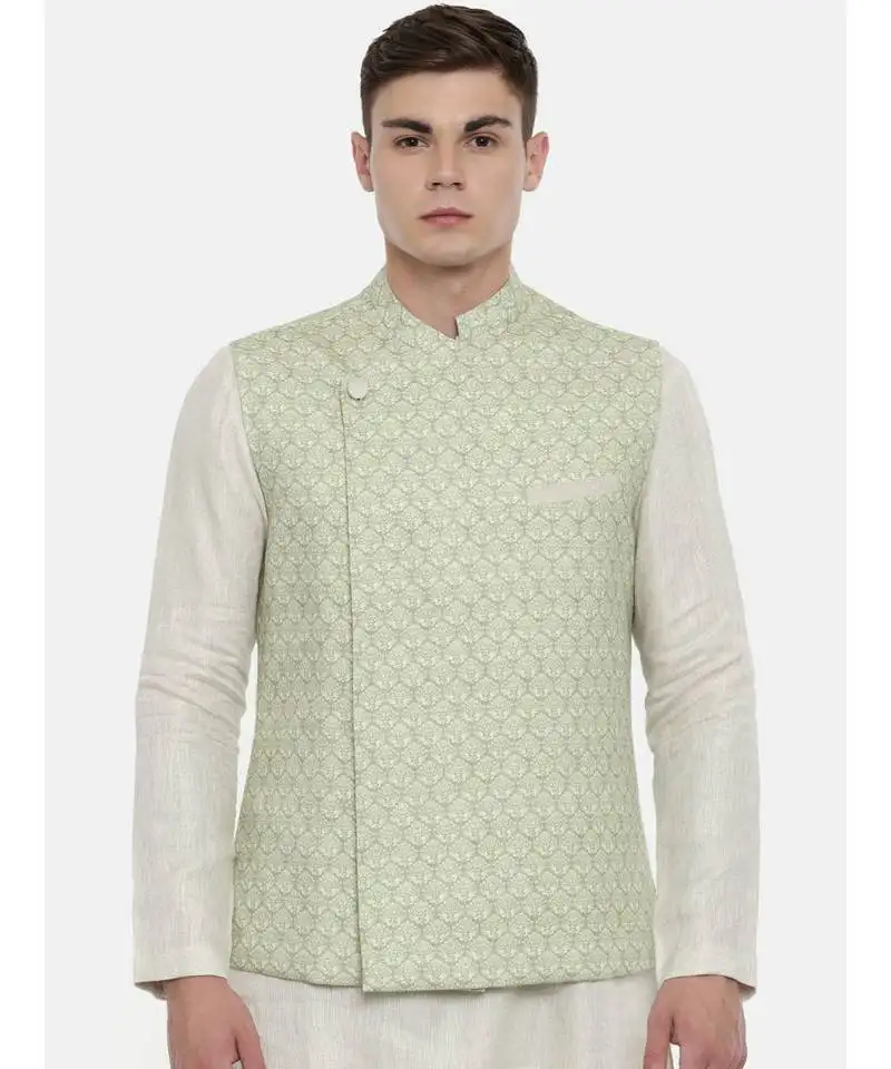 Mayank modi linen green printed nehru jacket