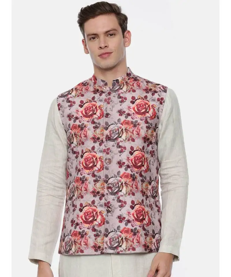 Pink printed linen nehru jacket