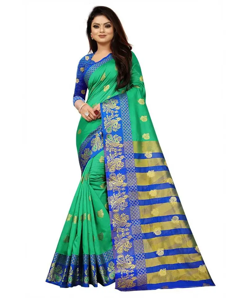 Green cotton silk banarasi woven saree