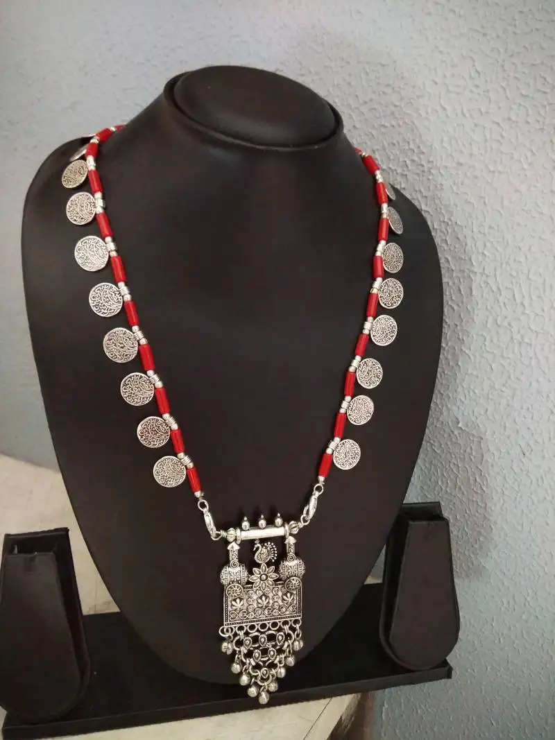 Red stone & coin interlaced german silver necklace
