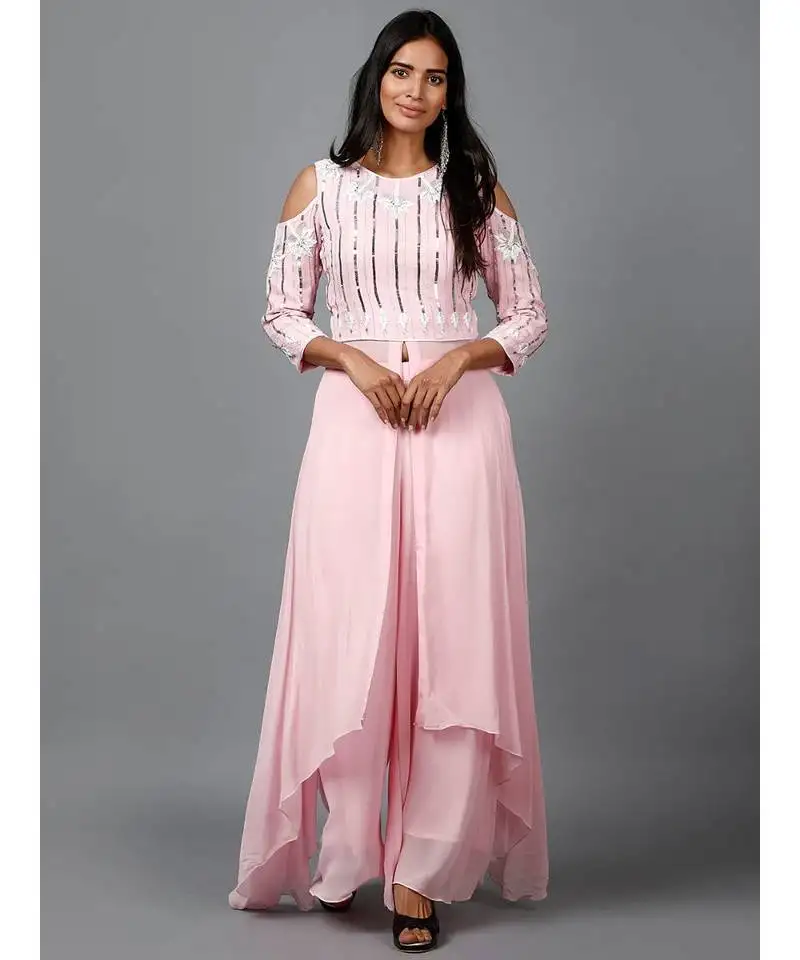 Light pink embroidered kurta in cold shoulder and pallazo