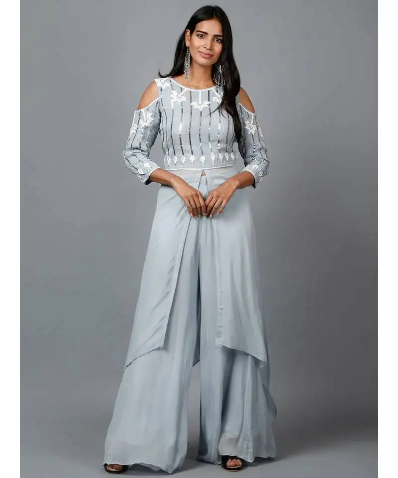 Grey sequins work kurta in georgette and pallazo
