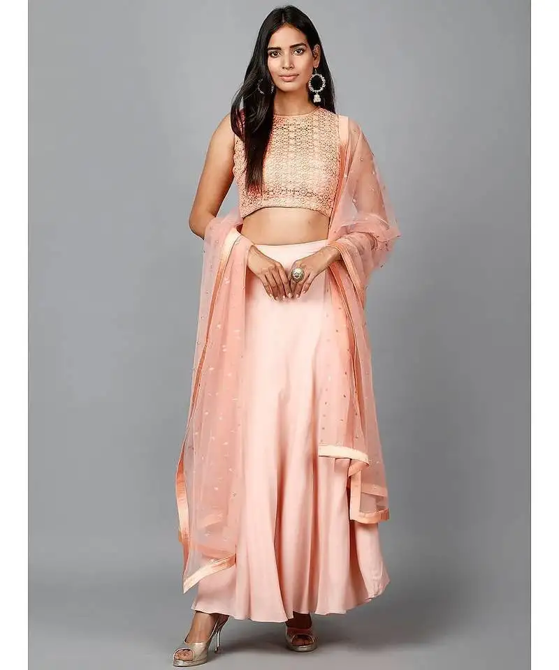 Peach cotton lace crop top, moss crepe flare skirt and embroidered net dupatta