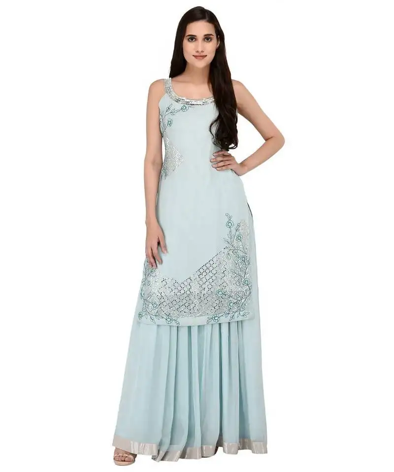 Light blue embroidered halter neck kurta with georgette lehanga set