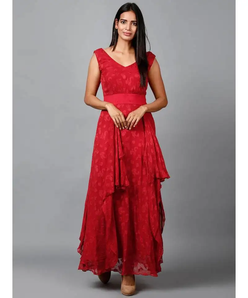 Red floral self design georgette dress