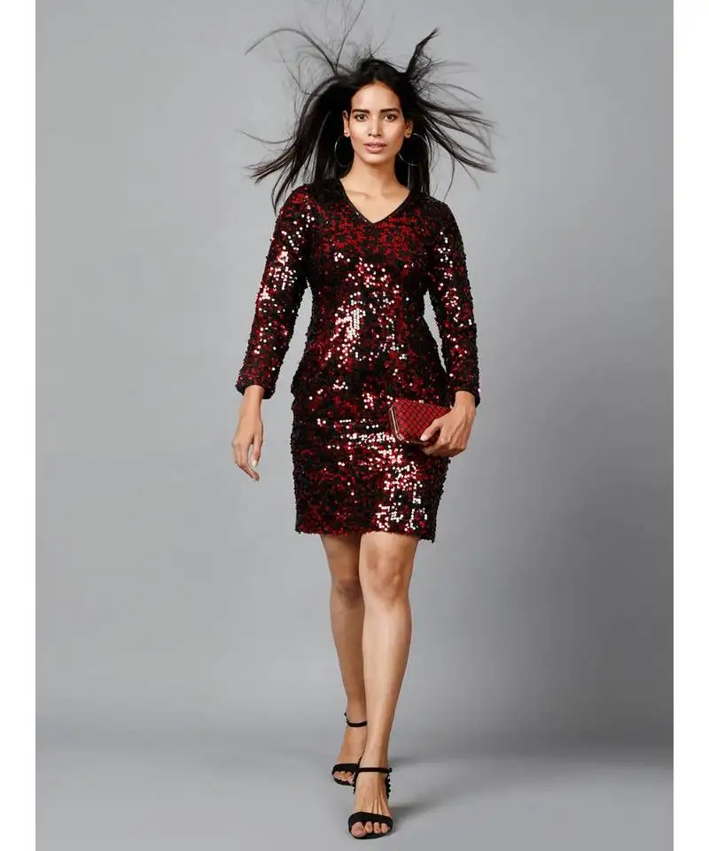 Miracolos red and black sequins embellished party v-neck short dress