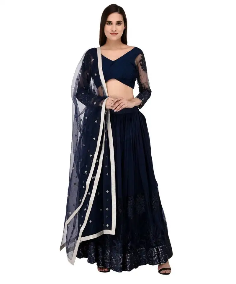 Dark blue georgette embroidered net lehanga with pin tucks pleated blouse