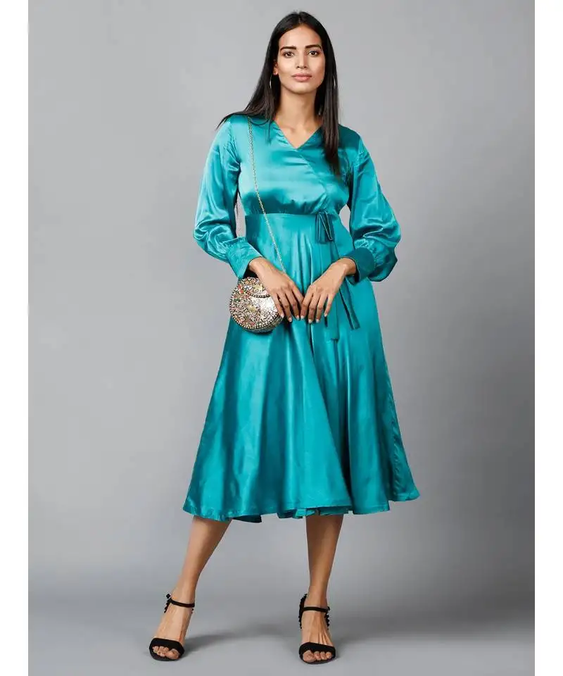 Women's empire line with cuff satin wrap dress green