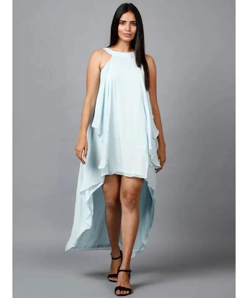 Women's halter neck ruffle drape georgette party:: evening gown in light blue