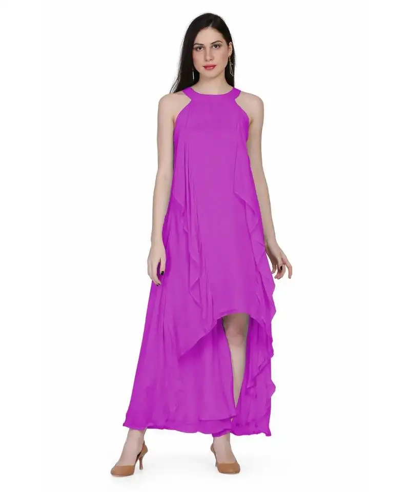 Women's halter neck ruffle drape georgette party:: evening gown in mauve