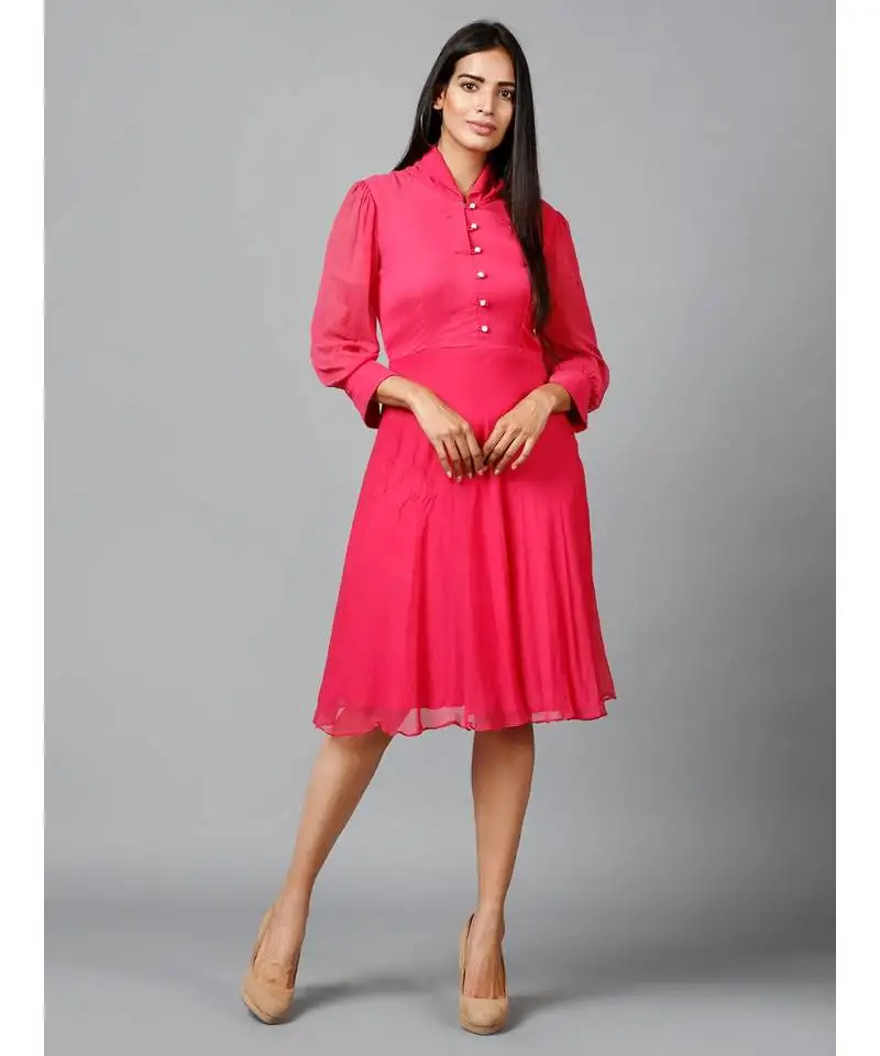 Women's pink chiiffon casual midi dress