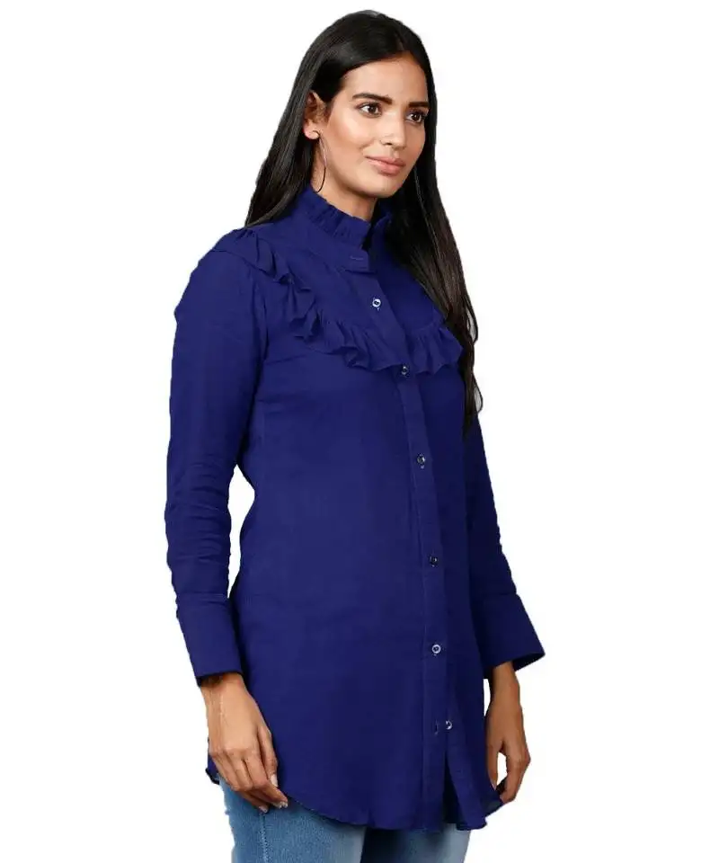 Dark blue shirt with ruffle yoke and cuff in summer cool