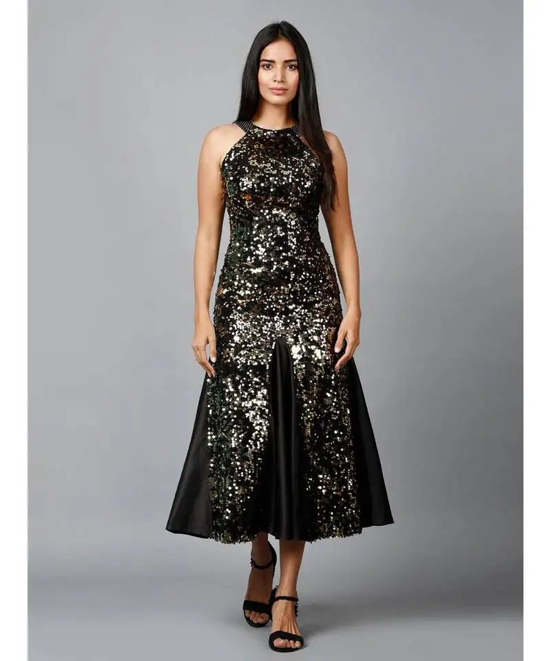 Gold sequins halter neck mermaid dress