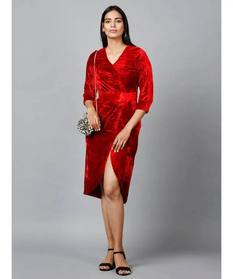 Red velvet drape party dress