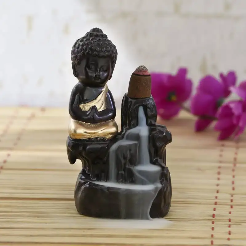 Meditating monk buddha smoke backflow cone holder decorative showpiece with 10 free smoke backflow scented cone incenses