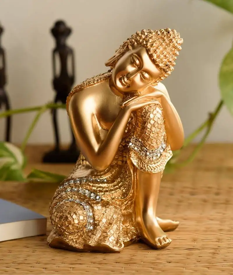 Ecraftindia decorative polyresin buddha statue on knee - golden, brown, 8 inches