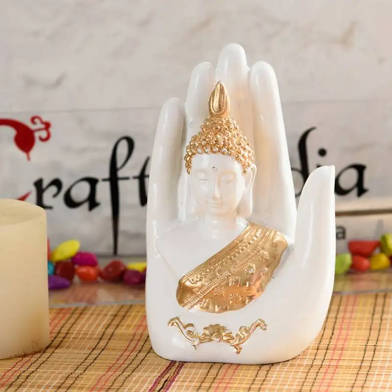 Decorative palm buddha figurine showpiece - 17 cm (polyresin, white)