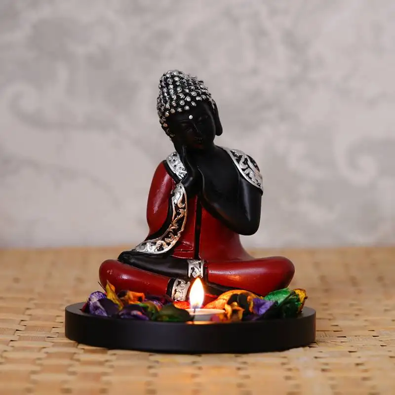 Ecraftindia antique finish handcrafted thinking buddha with wooden base, fragranced petals and tealight