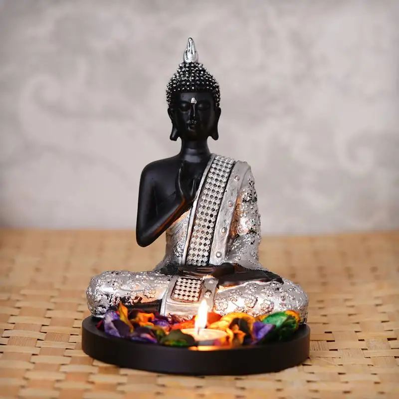 Ecraftindia handcrafted meditating blessing silver buddha with wooden base, fragranced petals and tealight
