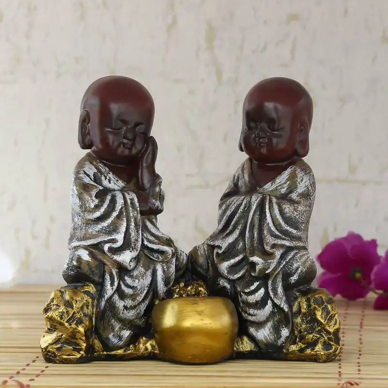 Set of 2 brown monks polyresin tealight holder
