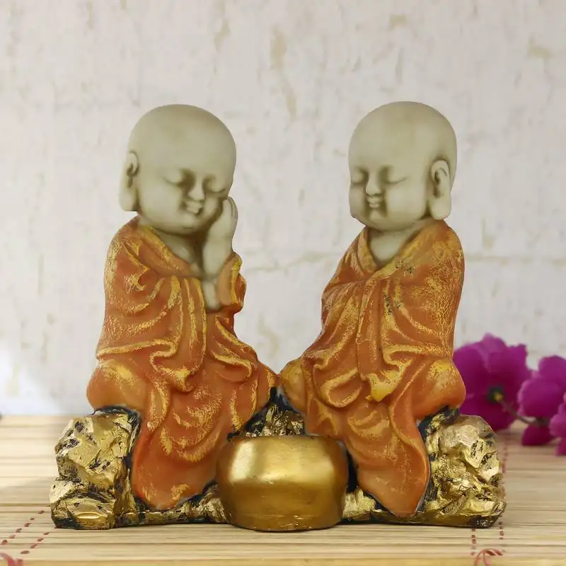 Set of 2 orange monks polyresin tealight holder
