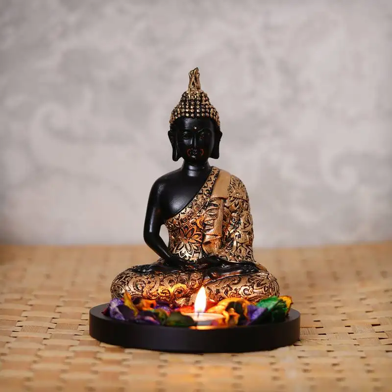 Ecraftindia handcrafted meditating blessing golden buddha with wooden base, fragranced petals and tealight