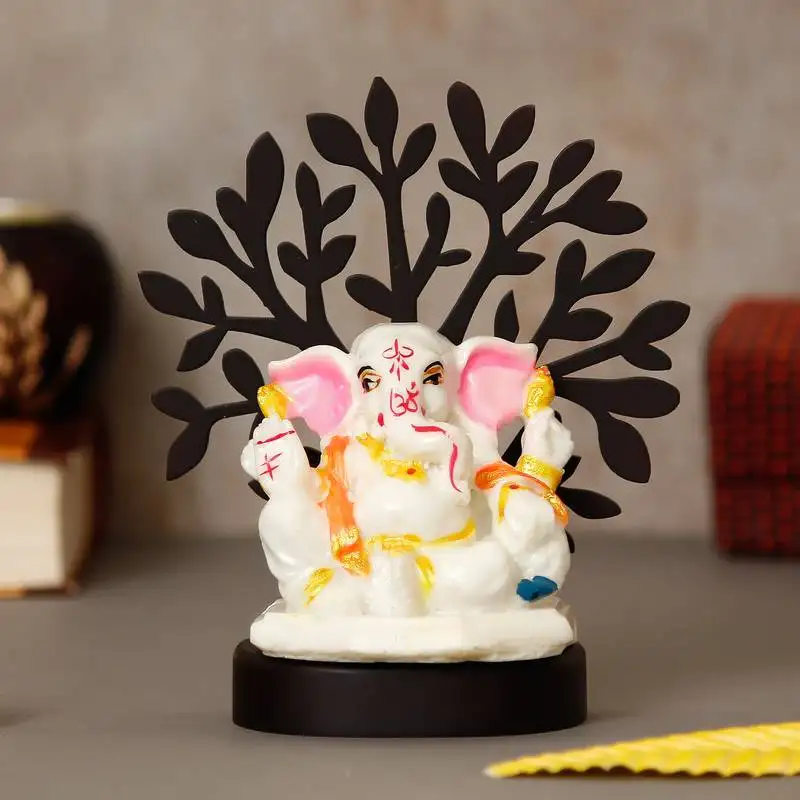 Ecraftindia decorative lord ganesha idol with wooden tree for car dashboard, home temple and office desks