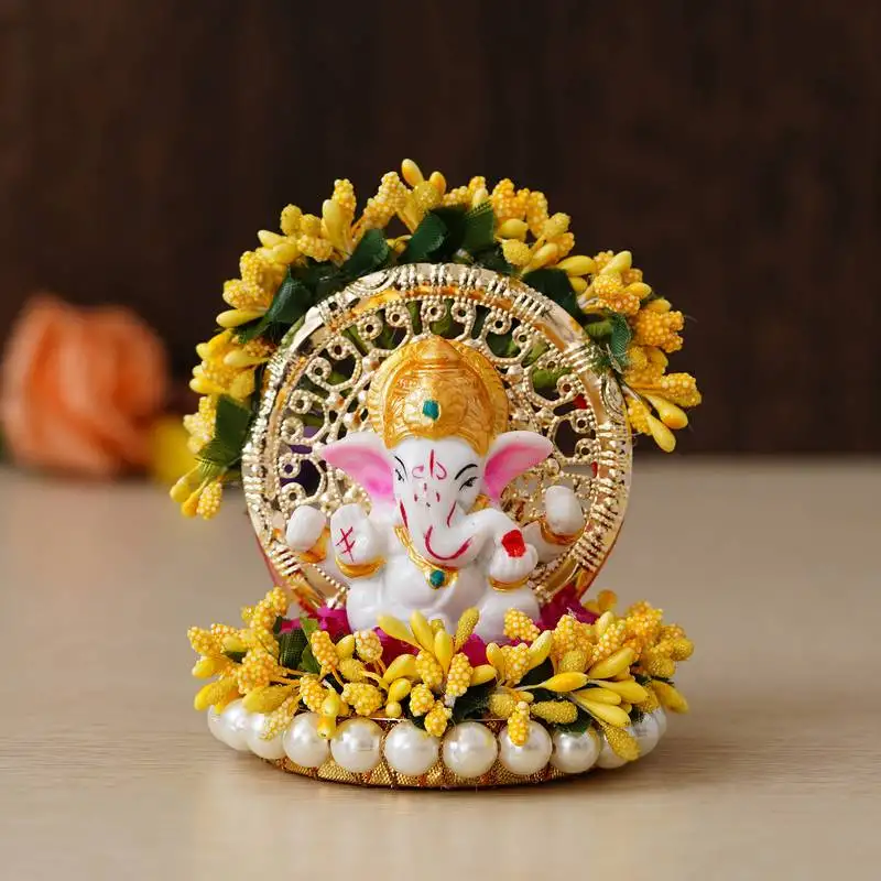 Ecraftindia lord ganesha idol on decorative handcrafted yellow floral plate for home and car