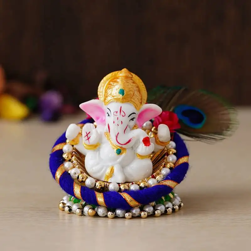 Ecraftindia lord ganesha idol on decorative handcrafted floral plate for home and car