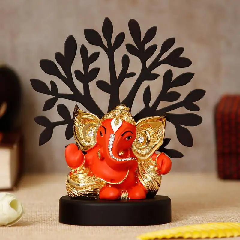 Ecraftindia gold plated orange kaan ganesha decorative showpiece with wooden tree for home::Temple::Office::Car dashboard