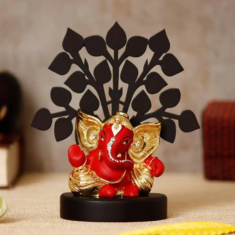 Ecraftindia gold plated red kaan ganesha decorative showpiece with wooden tree for home::Temple::Office::Car dashboard