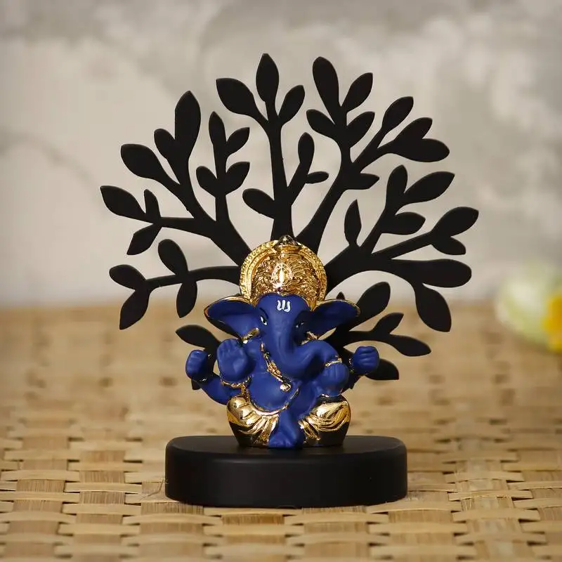 Ecraftindia gold plated blue mukut ganesha decorative showpiece with wooden tree for home::Temple::Office::Car dashboard