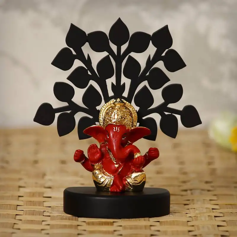 Ecraftindia gold plated red mukut ganesha decorative showpiece with wooden tree for home::Temple::Office::Car dashboard