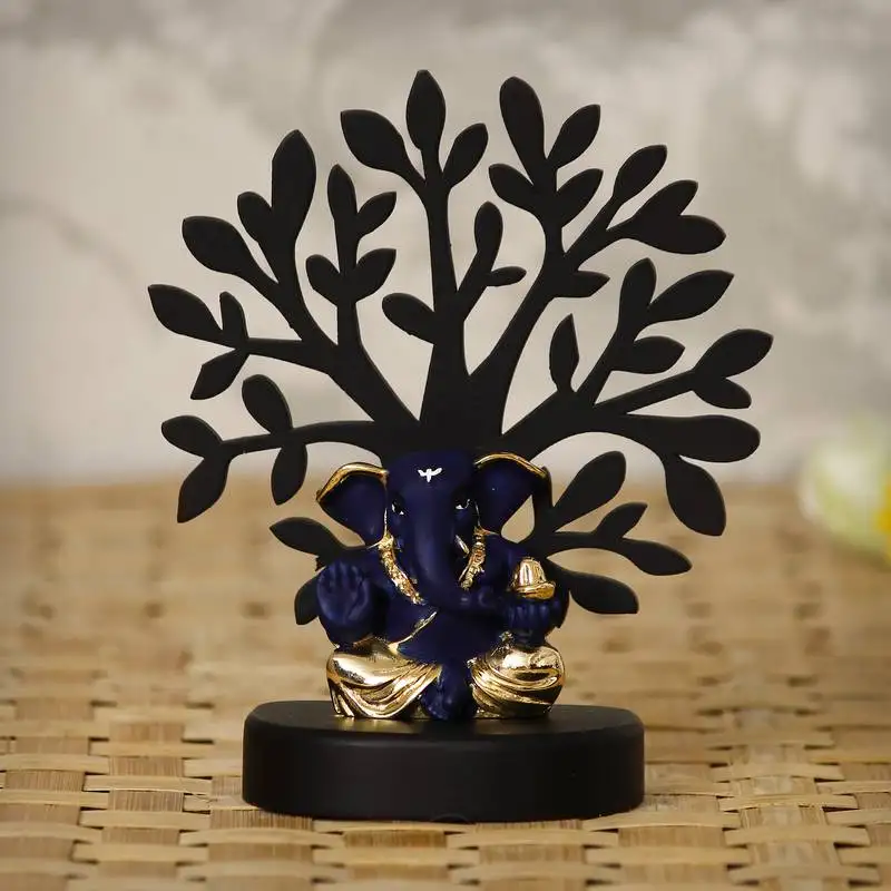 Ecraftindia gold plated blue appu ganesha decorative showpiece with wooden tree for home::Temple::Office::Car dashboard