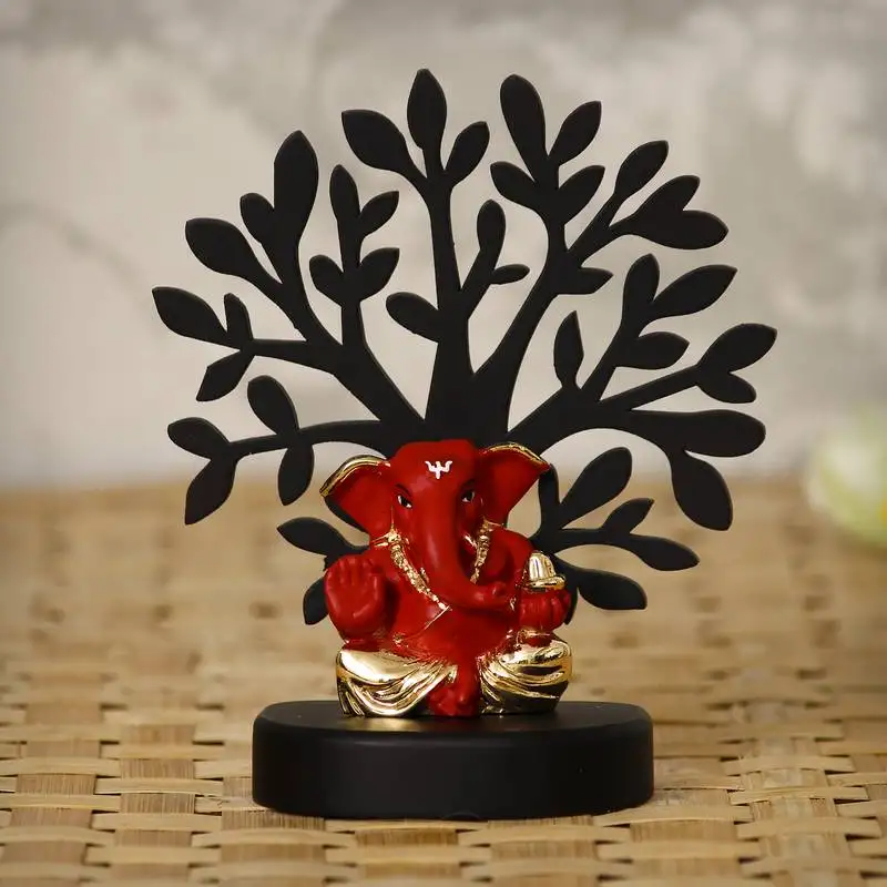 Ecraftindia gold plated red appu ganesha decorative showpiece with wooden tree for home::Temple::Office::Car dashboard