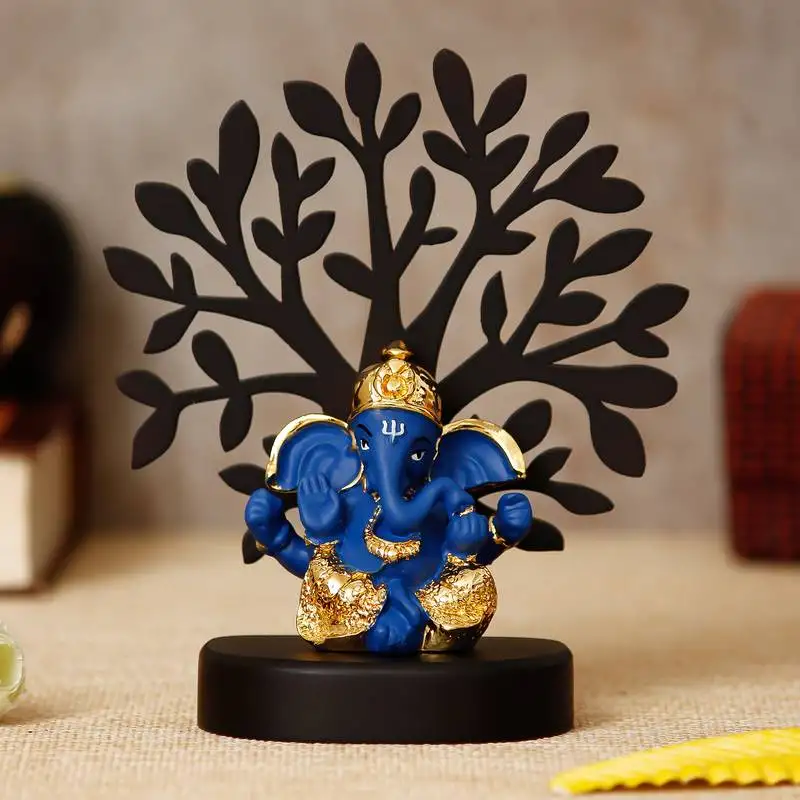 Ecraftindia gold plated blue dhoti ganesha decorative showpiece with wooden tree for home::Temple::Office::Car dashboard
