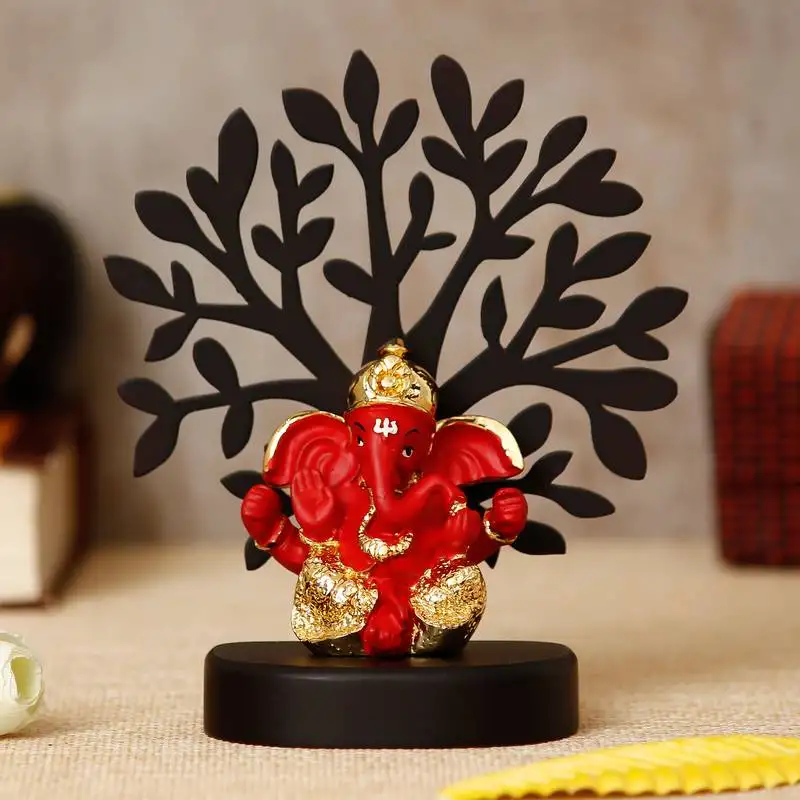 Ecraftindia gold plated orange dhoti ganesha decorative showpiece with wooden tree for home::Temple::Office::Car dashboard