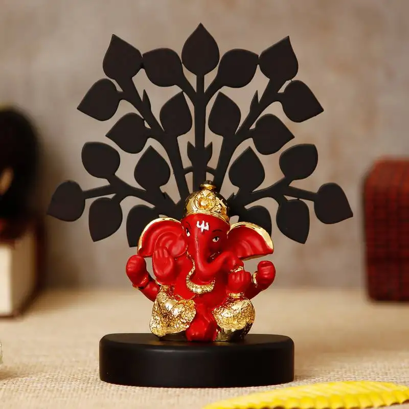 Ecraftindia gold plated red dhoti ganesha decorative showpiece with wooden tree for home::Temple::Office::Car dashboard
