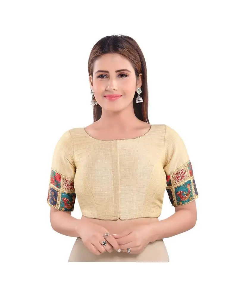 Off white silk blend printed patchwork readymade saree blouse