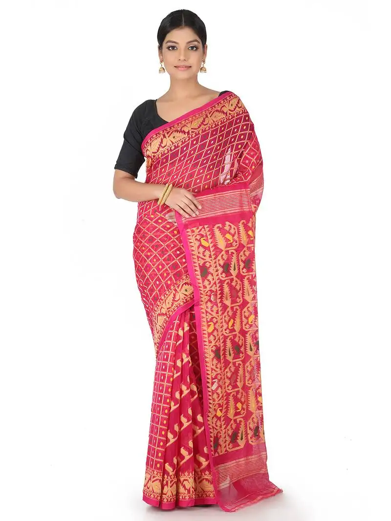 Pink handwoven cotton jamdani without blouse