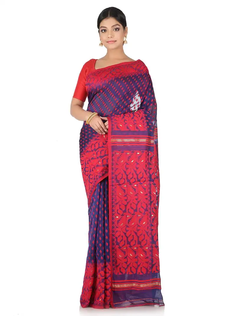 Blue handwoven cotton jamdani without blouse