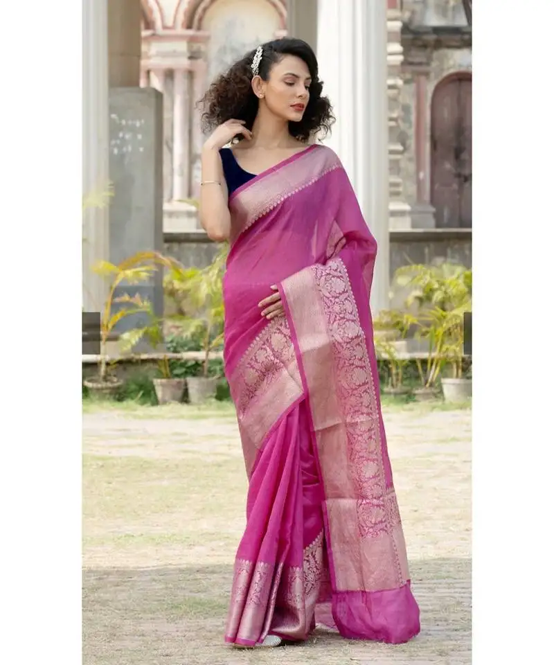 Magenta banarsi linen saree with blouse piece