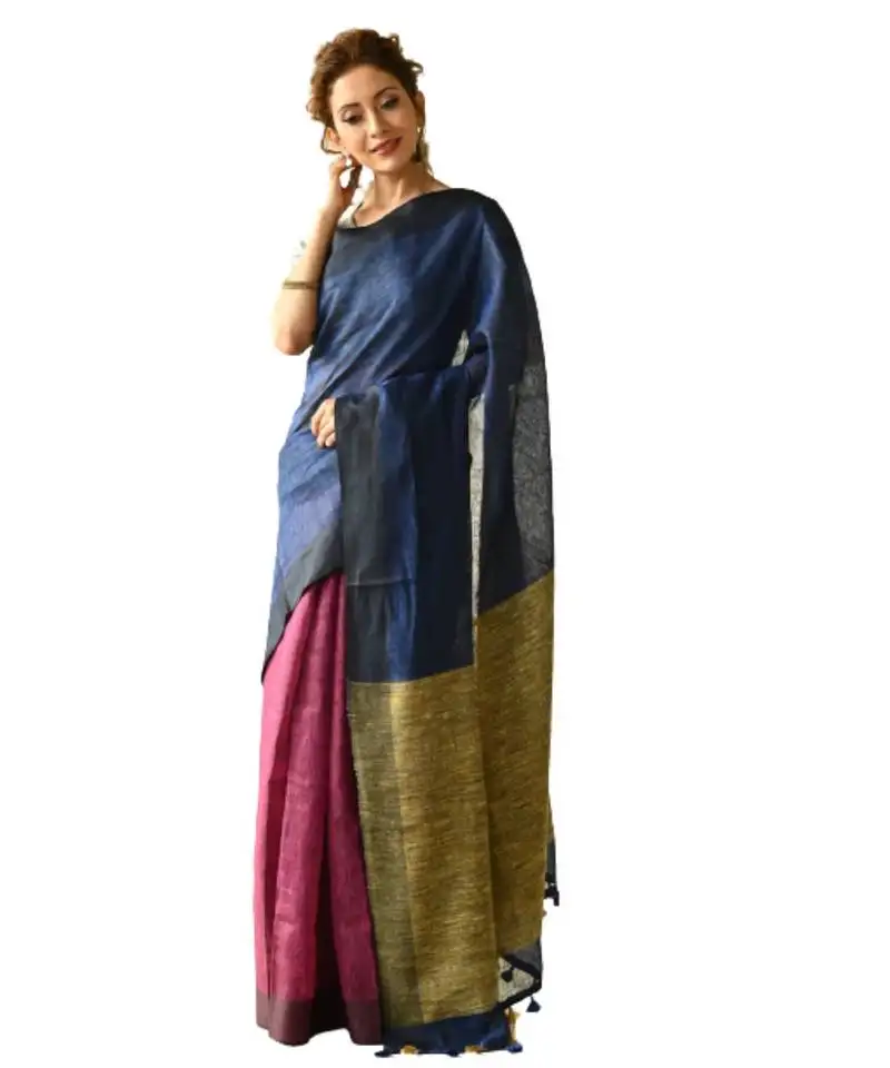Magenta dual shade handwoven pure linen saree with blouse piece