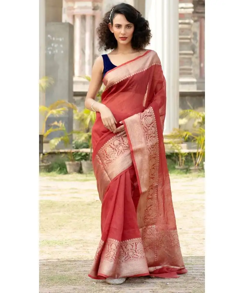 Maroon banarsi linen saree with blouse piece