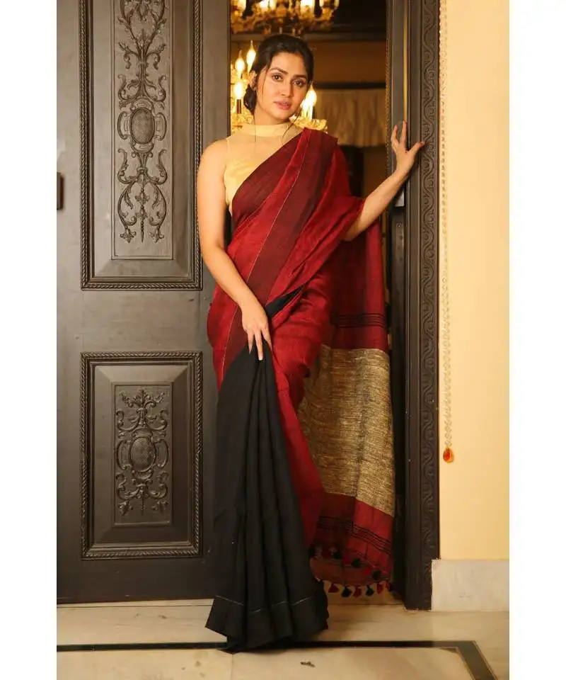 Maroon dual shade handwoven pure linen saree with blouse piece