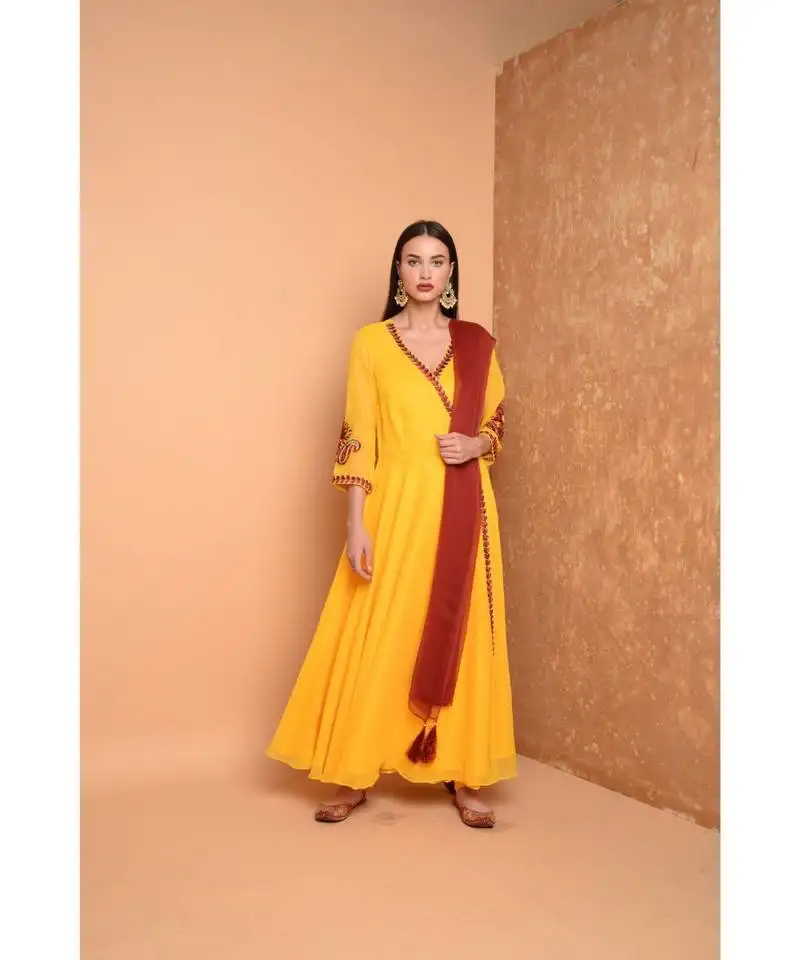 Yellow georgette embroidered suit set