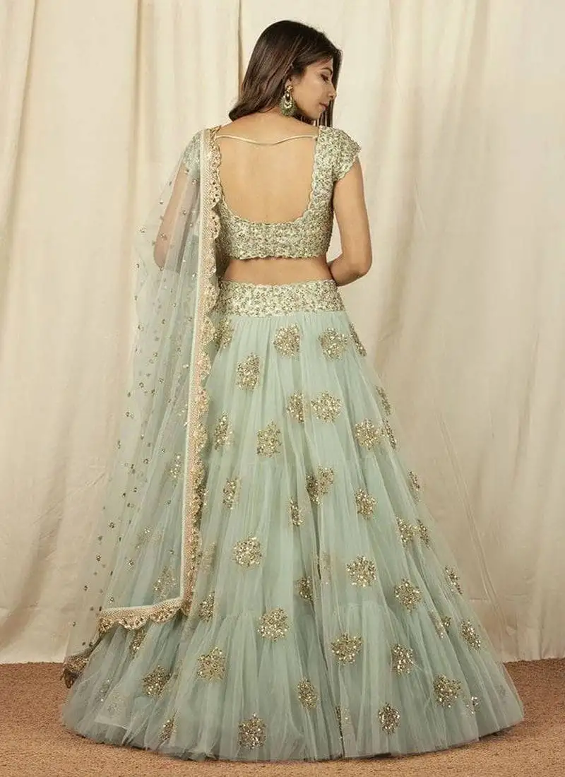 Olive green net embroidered lehenga choli for wedding