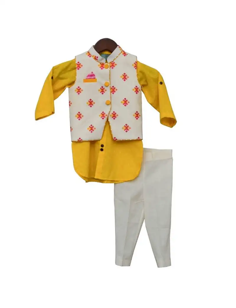 Yellow kurta set with white nehru jacket